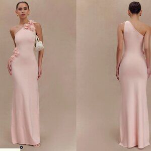 Paloma One Shoulder Knit Maxi Dress With Flowers - Baby Pink -XL - Meskhi